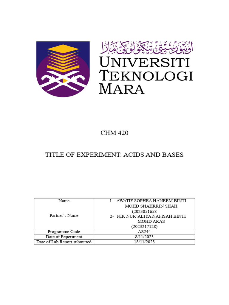 Lab Report 6 Chemistry Chm420 Pdf Titration Chemistry