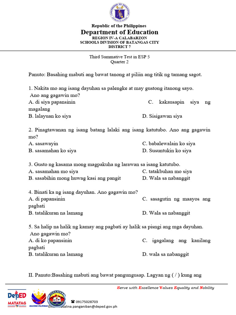 Summative Test 2.3 in ESP 5 | PDF
