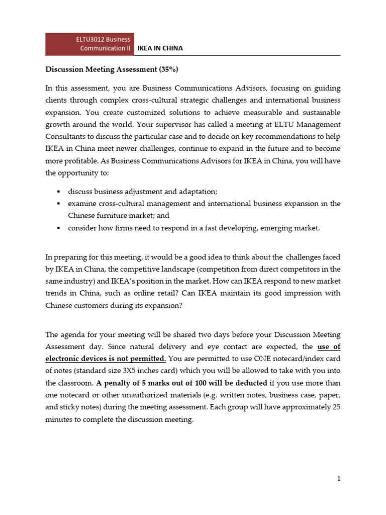 Discussion Meeting Assessment Guidelines (Ikea in China) | PDF