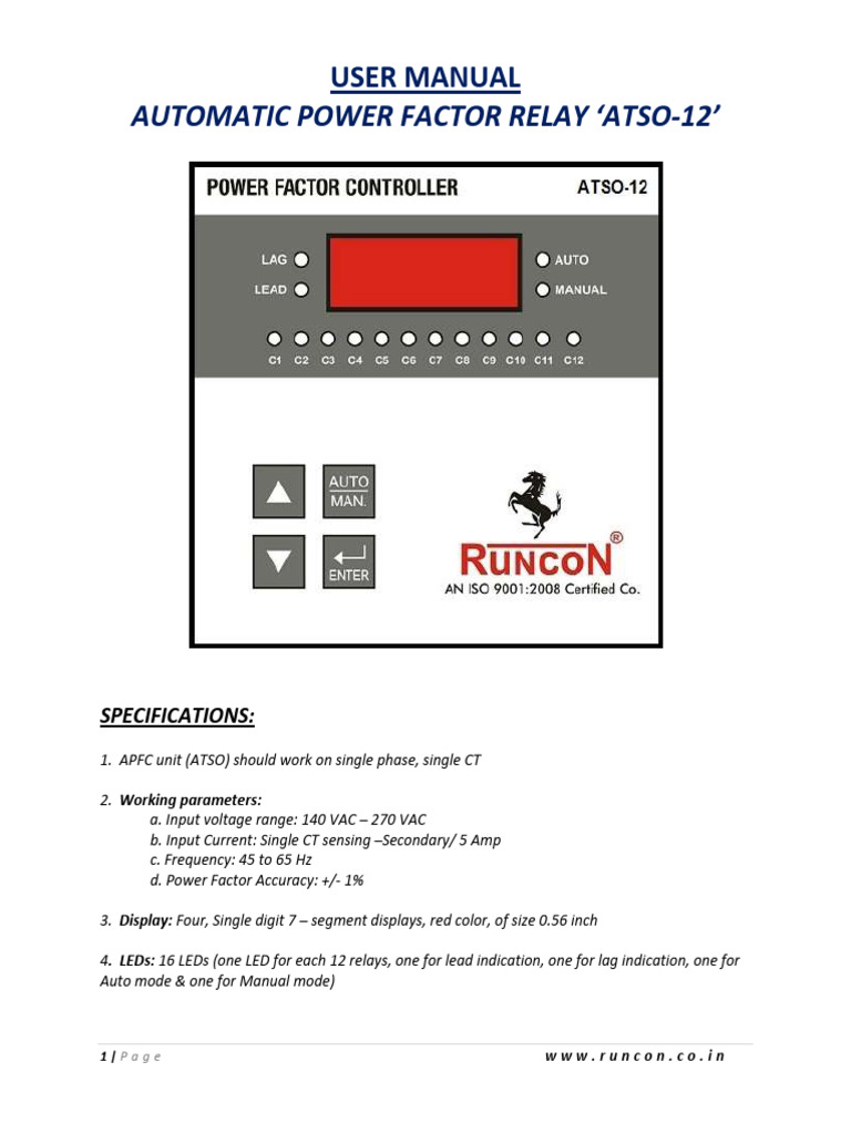 ATSO-12 Power Factor Relay Manual | PDF | Relay | Fuse (Electrical)