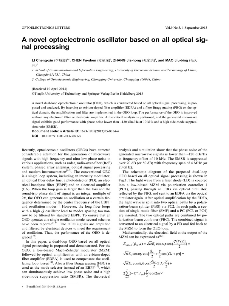 A Novel Optoelectronic Oscillator Based On All Optical Signal | PDF
