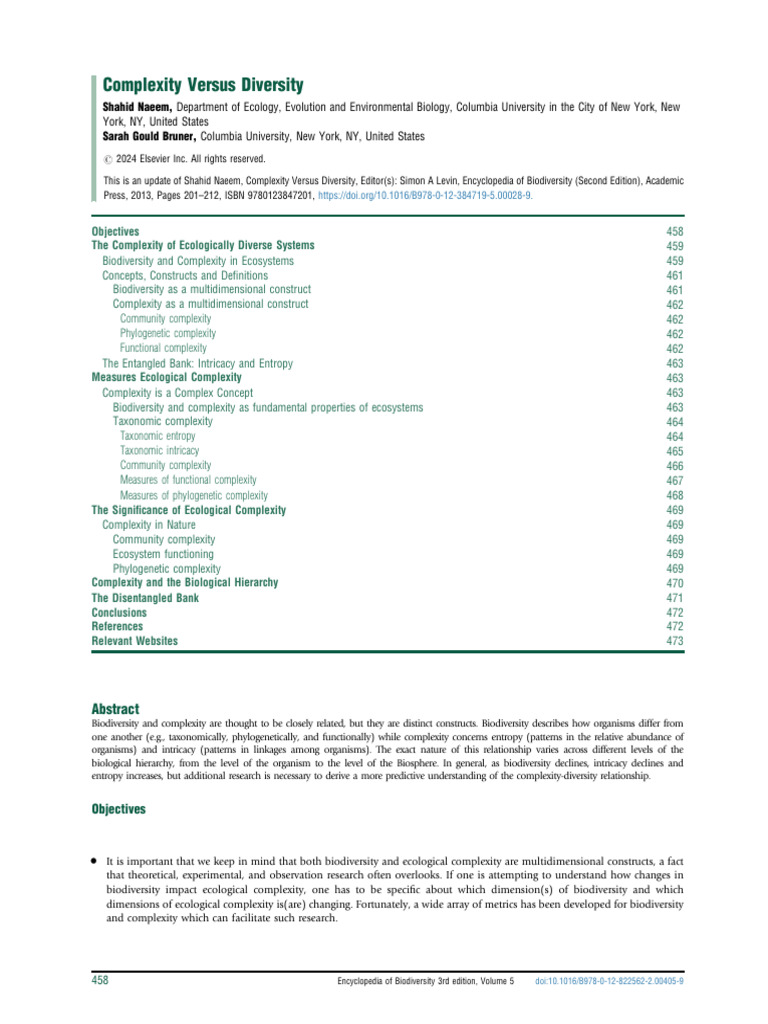 Complexity Versus Diversity 2024 Encyclopedia of Biodiversity | PDF ...