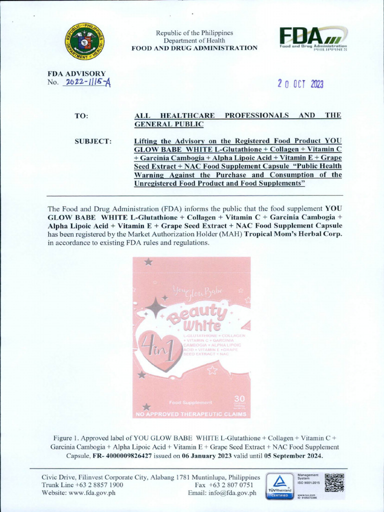 list of glutathione approved by fda philippines 2023 FDA Advisory No.2022 1115 A