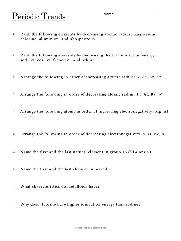 Periodic Trends Worksheet With Answer Key PDF