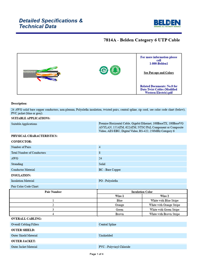 Belden 7814A Cat 6 UTP Cable Specs | PDF