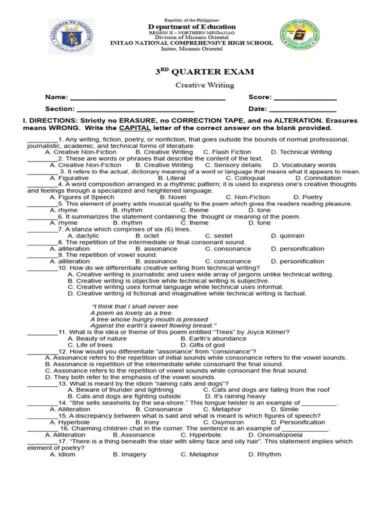 3rd Quarter Exam - Creative Writing | PDF