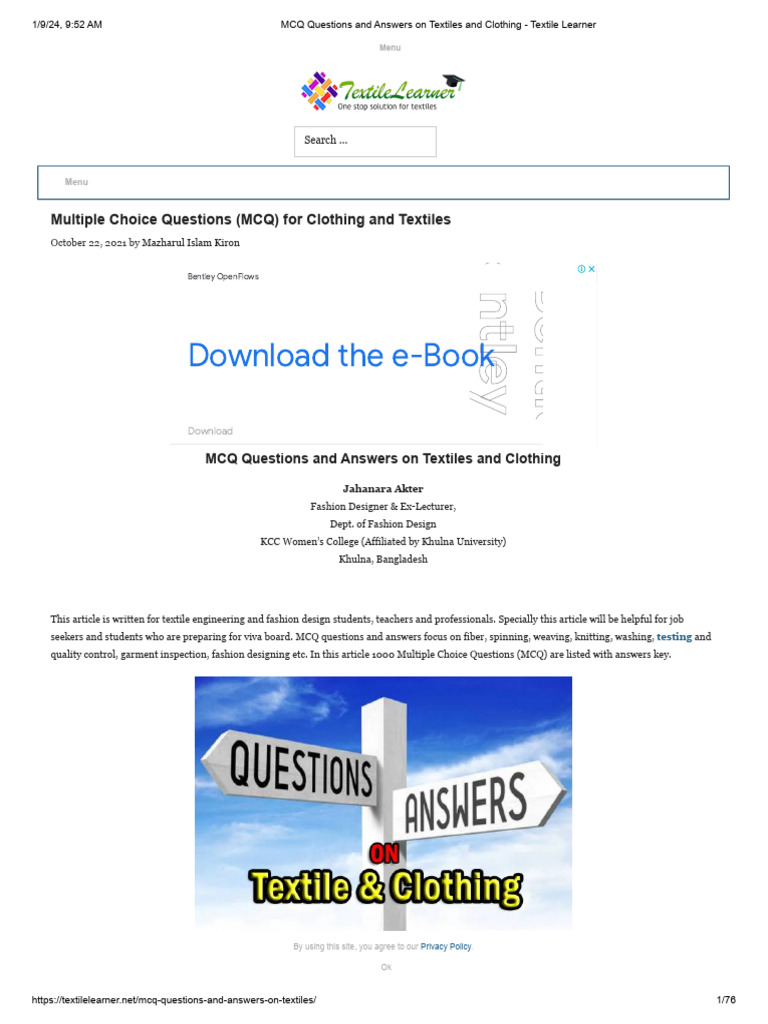 MCQ Questions and Answers On Textiles and Clothing Textile Learner