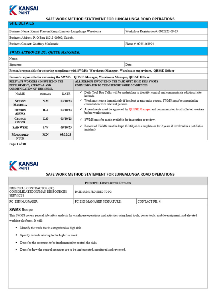 Lungalunga Road Operations SWMS | PDF