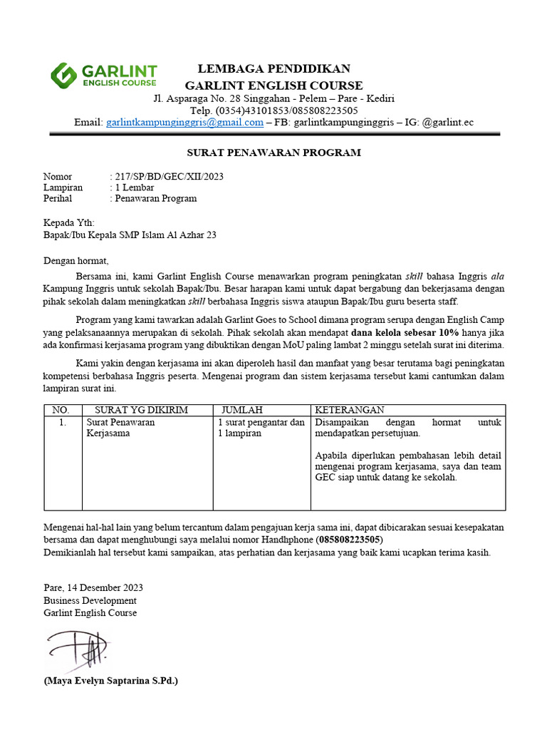 SURAT PENAWARAN PROGRAM GARLINT KAMPUNG INGGRIS KEPADA SMPI AL AZHAR 23
