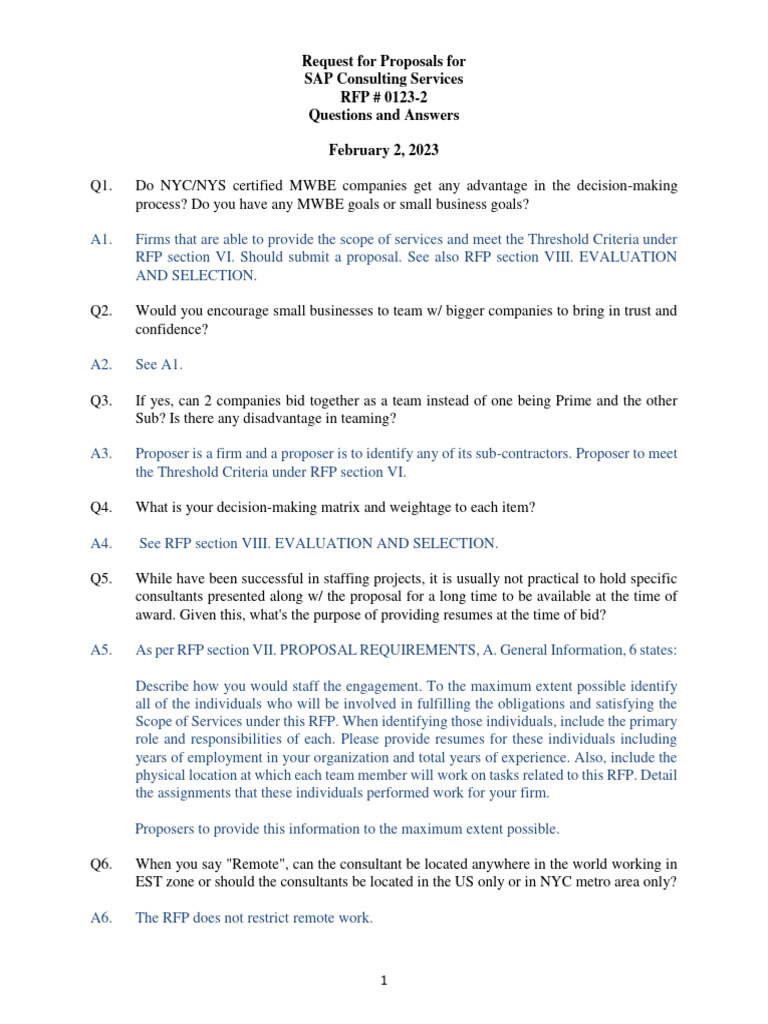 Answers To Questions 2.2.23 - 0 | PDF | Request For Proposal | Consultant
