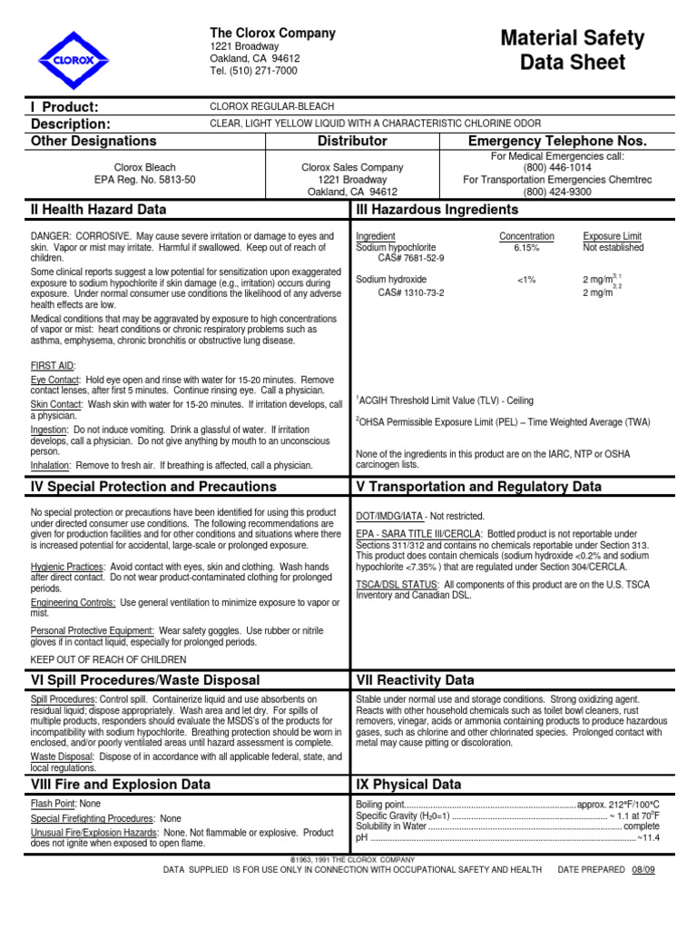 Clorox Regular Bleach Safety Data Sheet | PDF