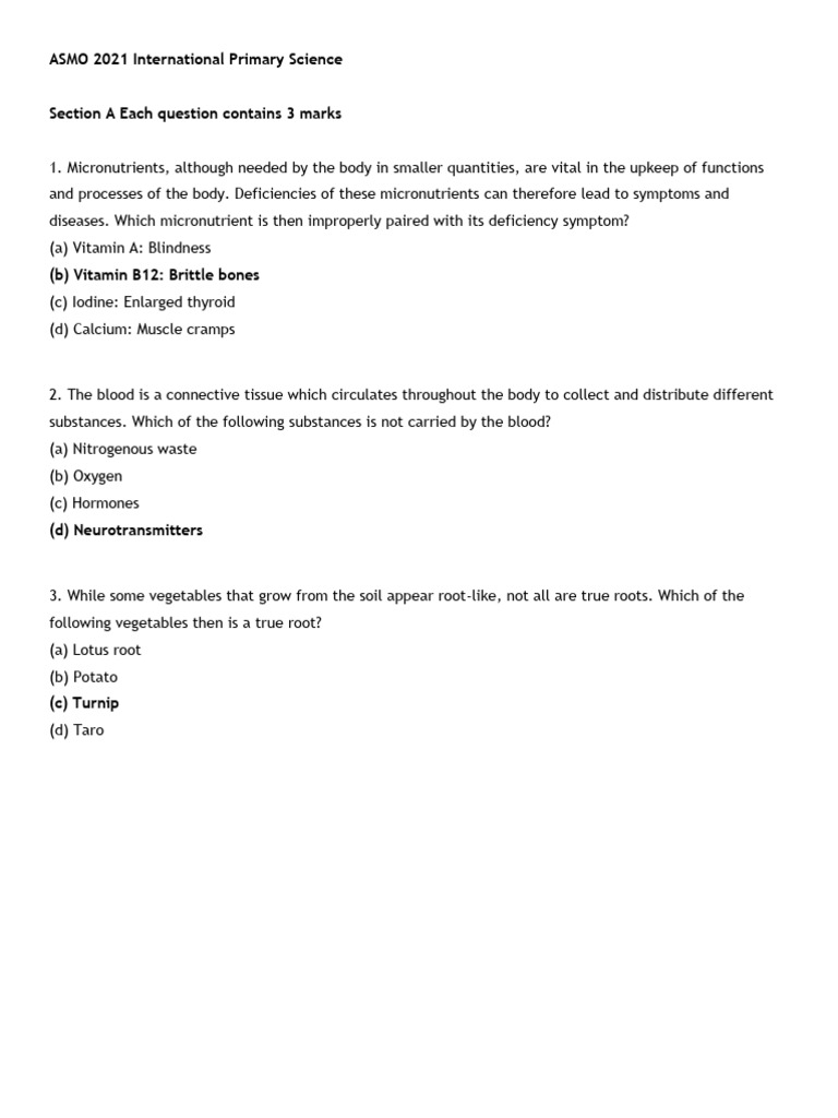 ASMO 2021 Primary Science Exam | PDF