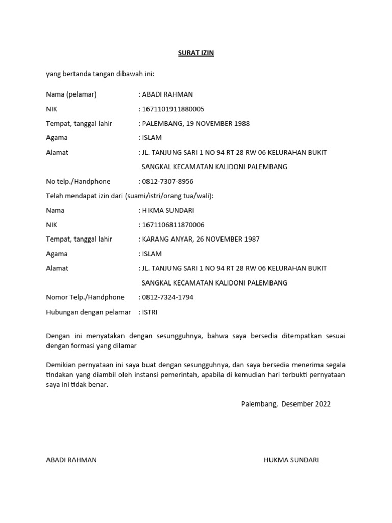 Contoh Surat Izin Tertulis dari Suami Istri bagi yang sudah menikah