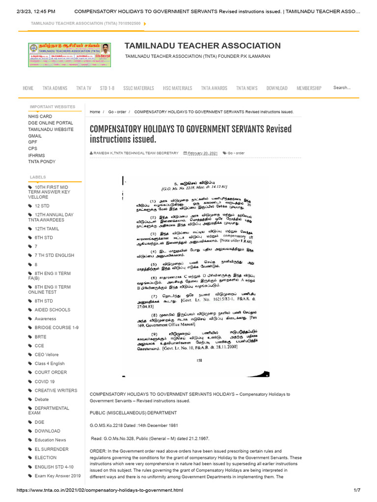 Revised Compensatory Leave Rules TN | PDF
