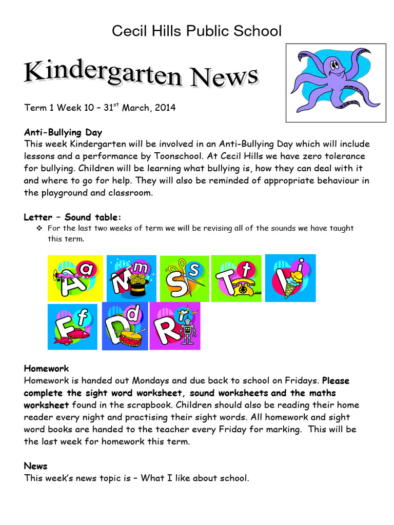 Kindergarten Bulletin: Week 10 | PDF