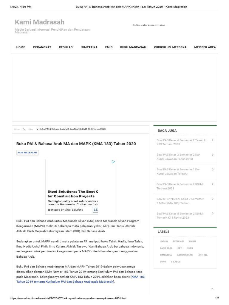 Buku PAI & Bahasa Arab MA KMA 183 | PDF