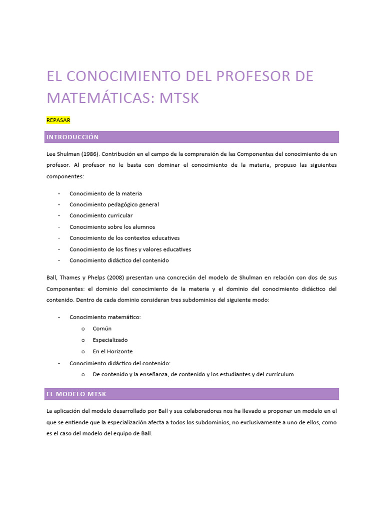 Modelo MTSK en Educación Matemática | PDF | Enseñando | Aprendizaje