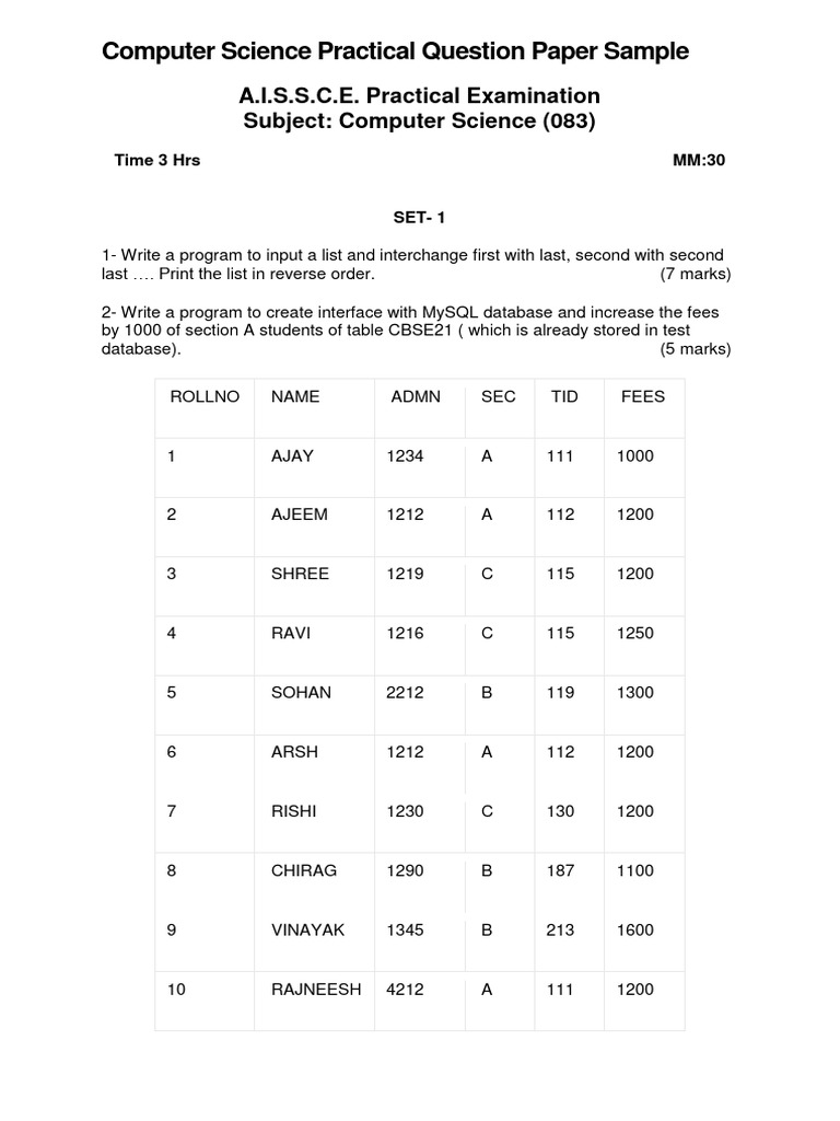 Computer Science Practical Question Paper Sample | PDF