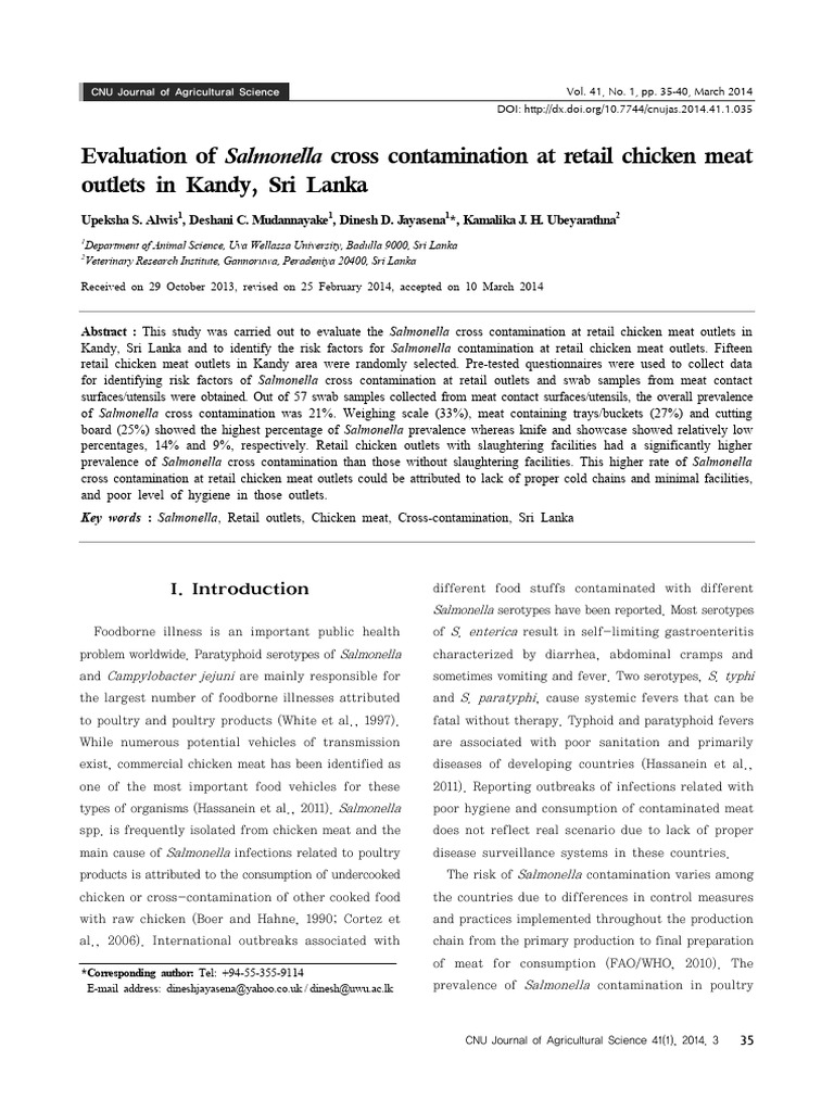Evaluation of Salmonella Cross Contamination at Retail Chicken Meat ...