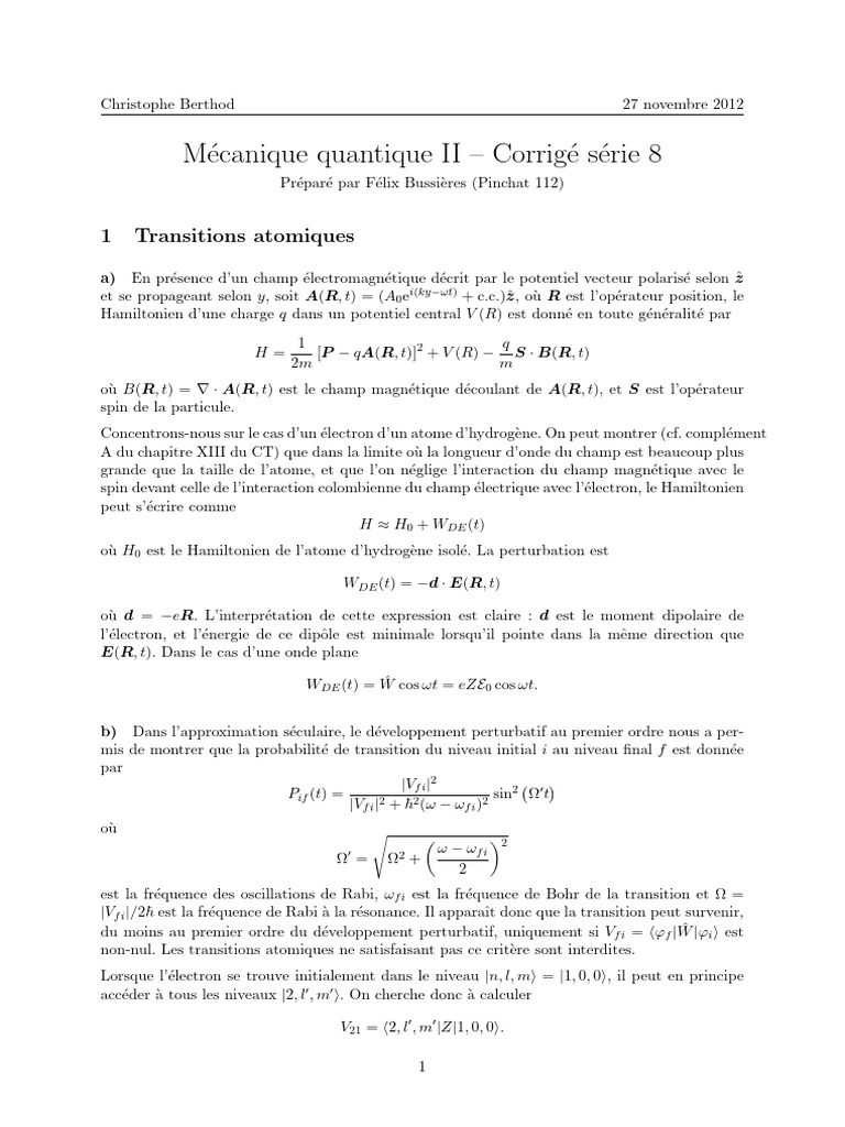 Transitions atomiques en mécanique quantique | PDF | Atomes | Champ ...