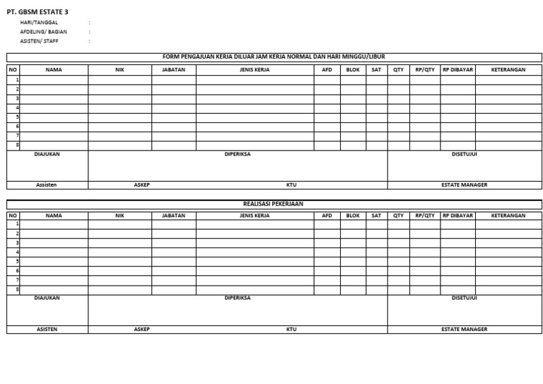 Contoh Form Pengajuan Kerja Hari Libur - Minggu | PDF