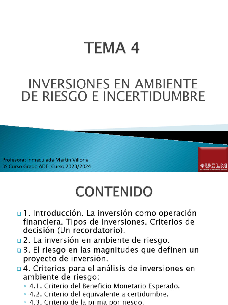 Tema 4 Inversiones en Ambiente de Riesgo | PDF | Inversiones | Tasas de ...