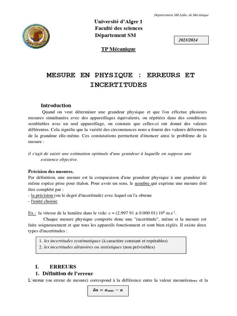 Incertitudes et erreurs en mesure physique | PDF | Erreur de mesure ...