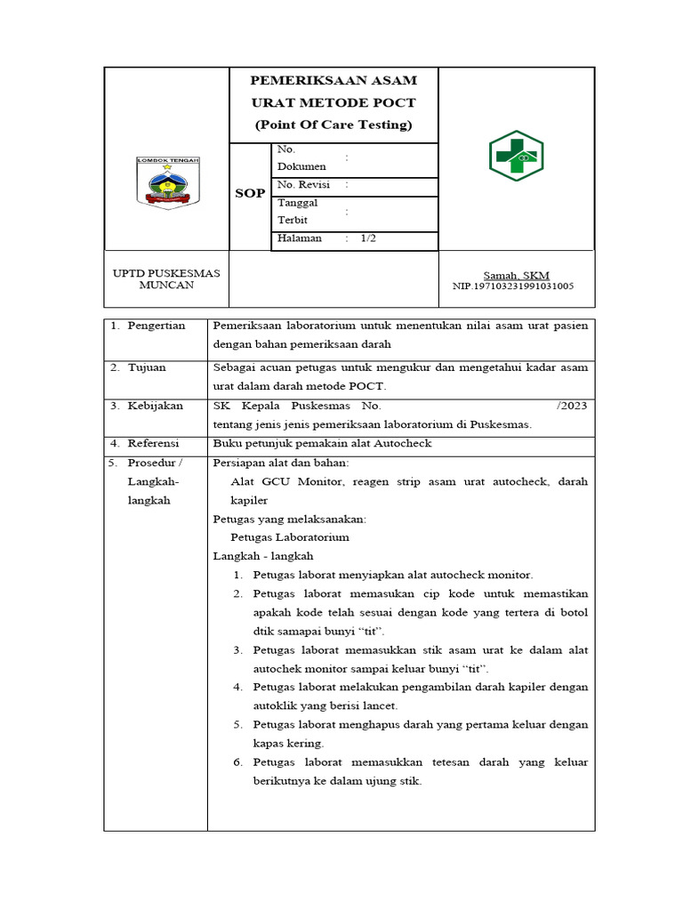 SOP Pemeriksaan Asam Urat POCT | PDF