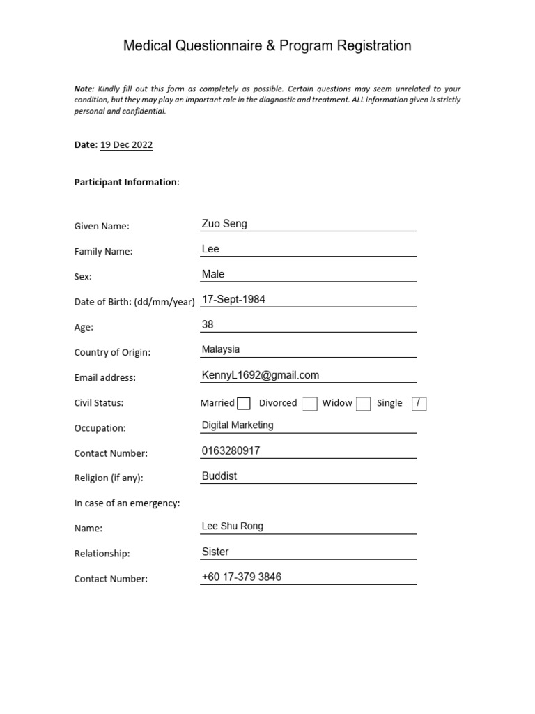 Medical Questionnaire for Retreat Registration | PDF | Substance Abuse ...