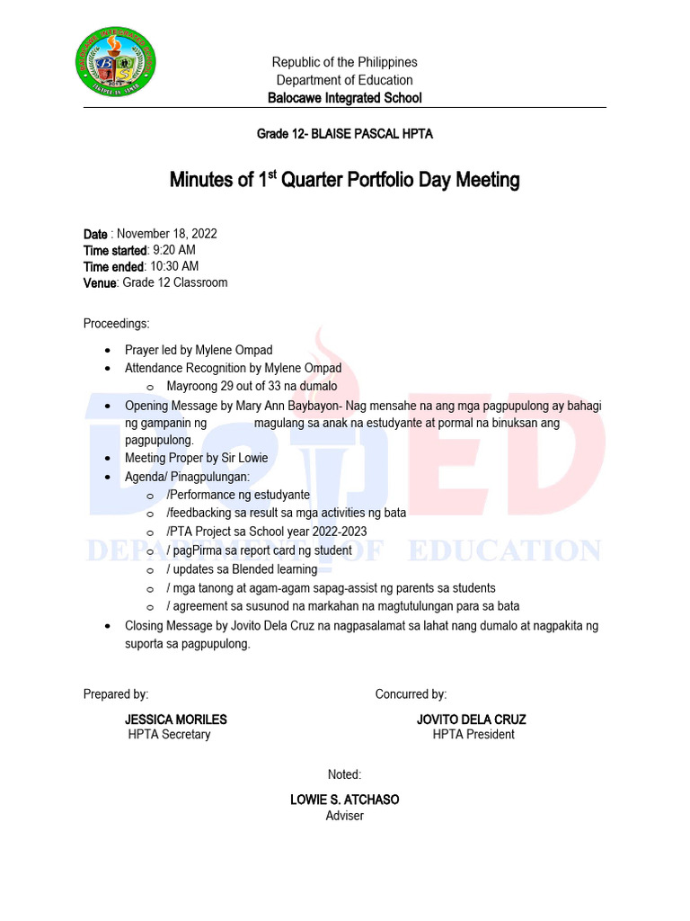 Homeroom pta meeting minutes 1st portfolio pdf