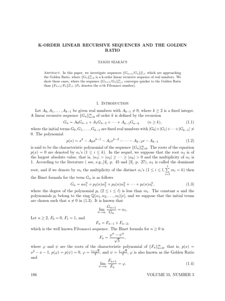 K order linear recursive sequences and the golden ratio pdf