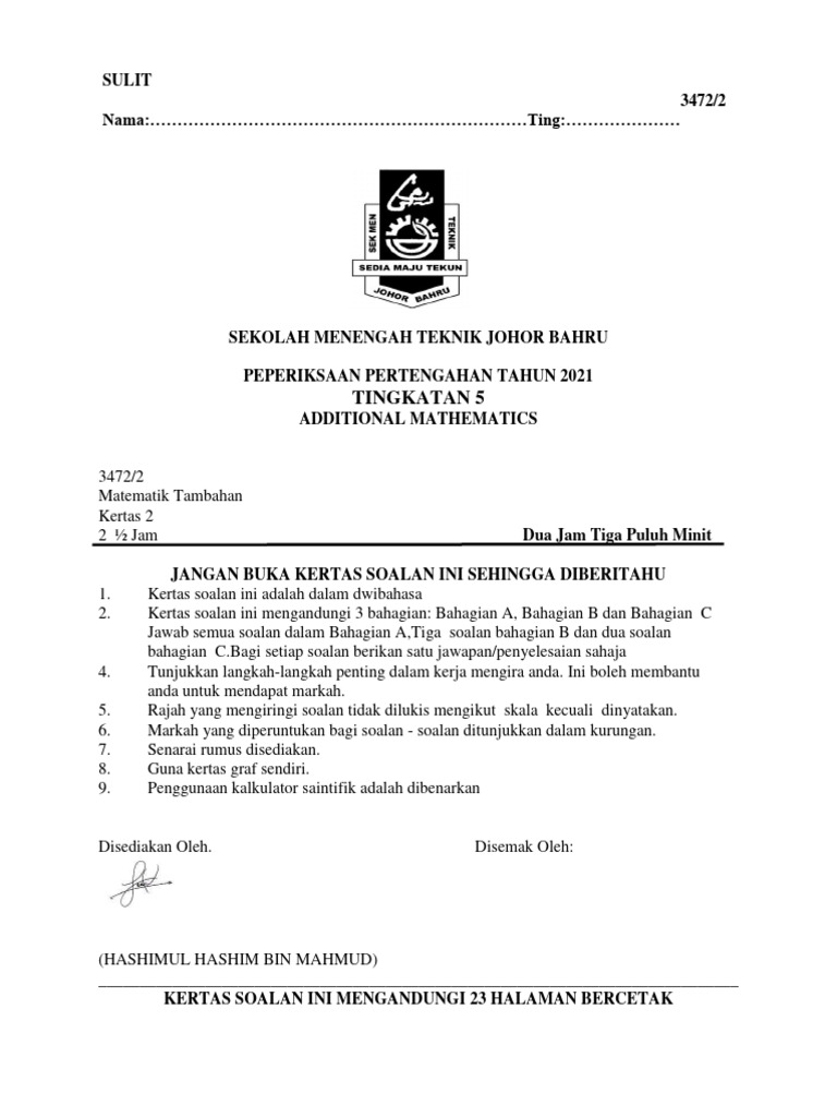 Math Tamb Mid Year Exam f5 p2 2021 | PDF