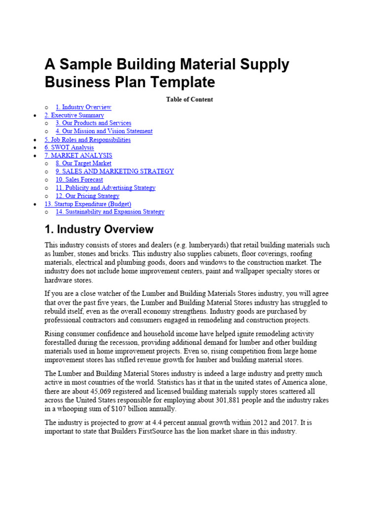A Sample Building Material Supply Business Plan Template | PDF 