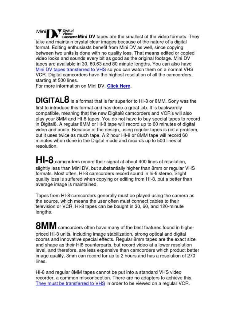 Video Tape Formats & Information PDF Videotape Videocassette Recorder