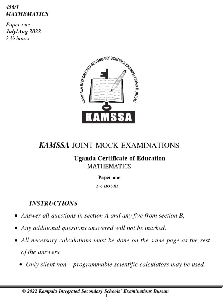 S1 Mathematics Papeer One Kamssa Joint Mock Examinations | PDF