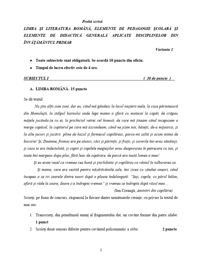 Varianta 1 Subiect Titularizare | PDF