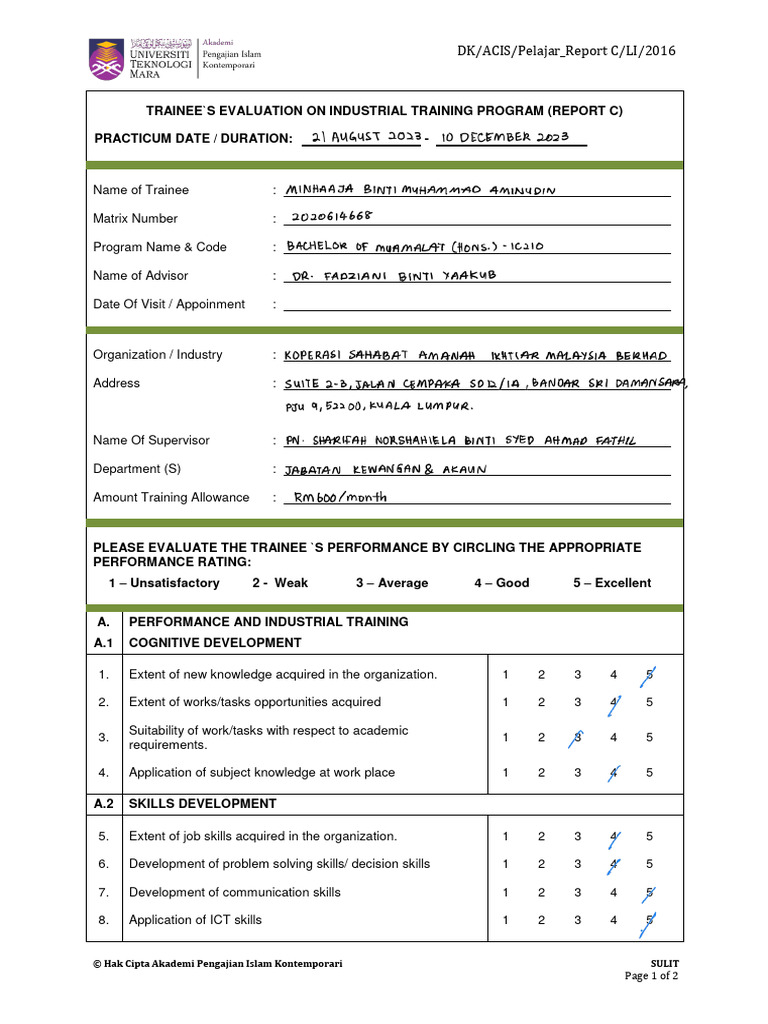 Report c Trainees Evaluation on Industrial Training Program | PDF