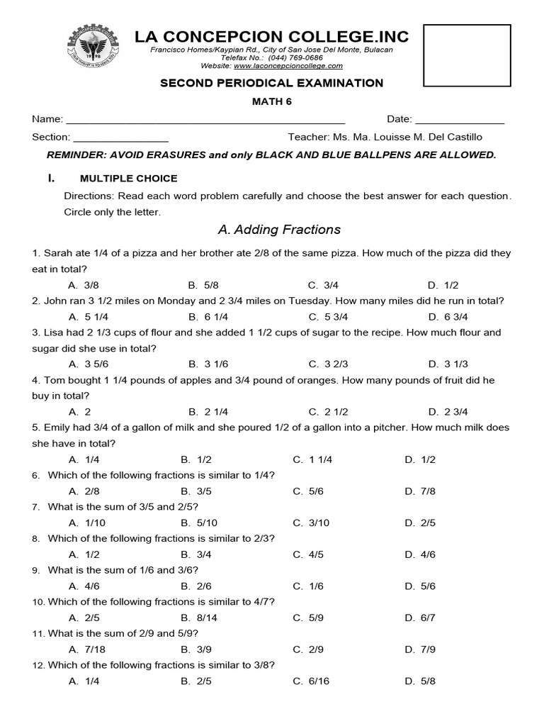 Math 6 2ND Periodical Examination PDF