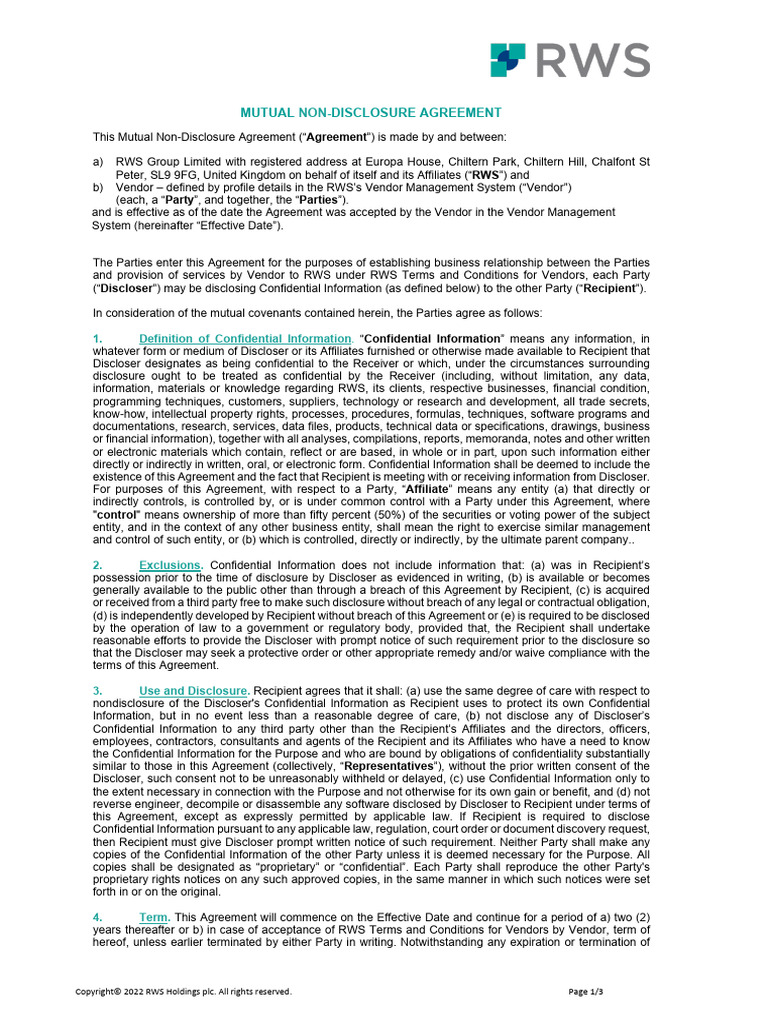 RWS Vendor NDA PDF RWS Vendor NDA PDF