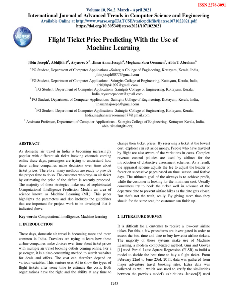 Flight Ticket Price Prediction Using ML | PDF