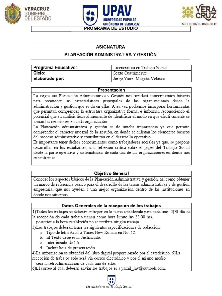 Programa de Estudio de La Asignatura Planeación Administrativa y ...