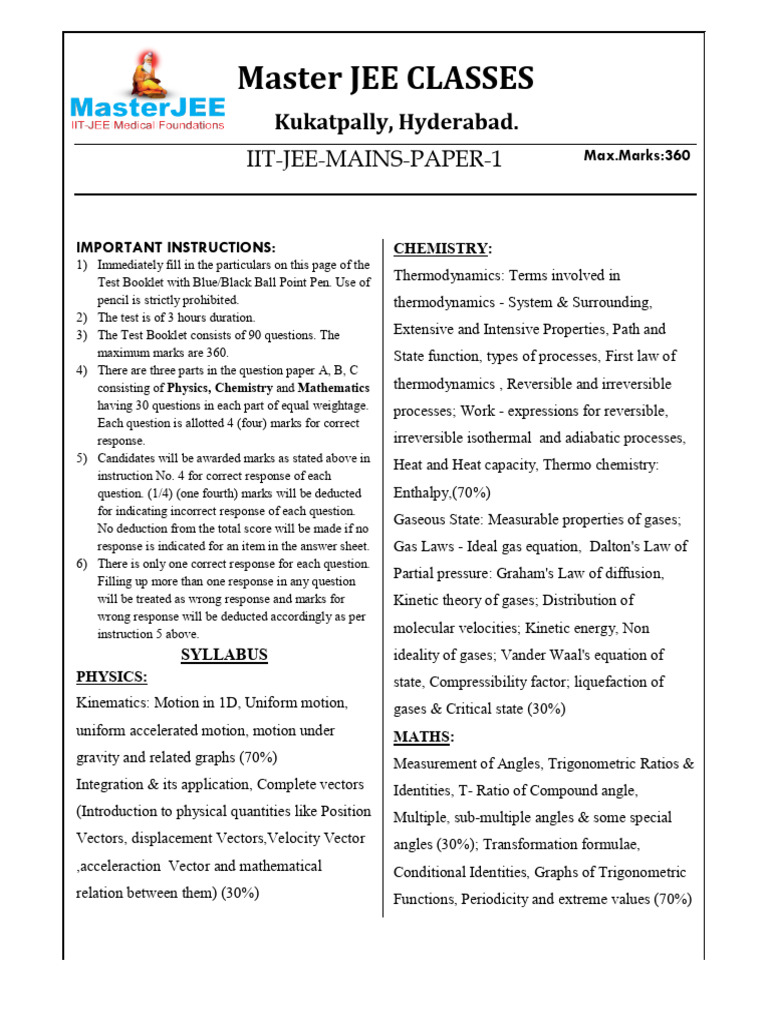 Iit Jee Mains Paper 1 | PDF | Gases | Acceleration