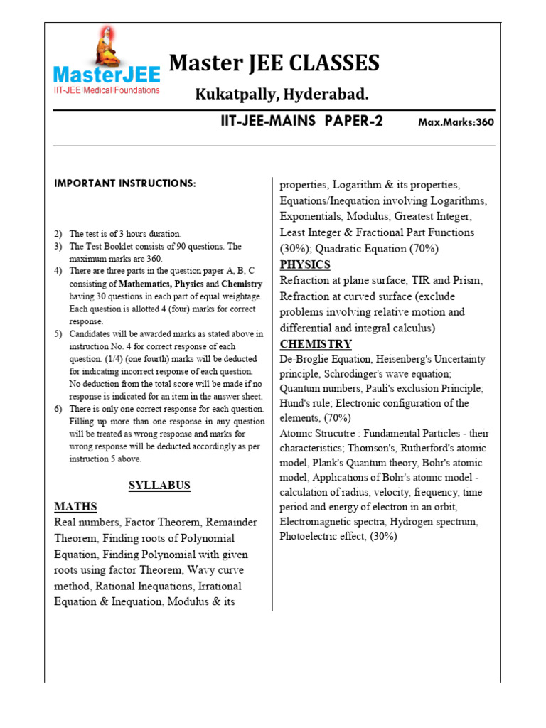 Iit Jee Mains Paper 2 | PDF | Electron | Refraction