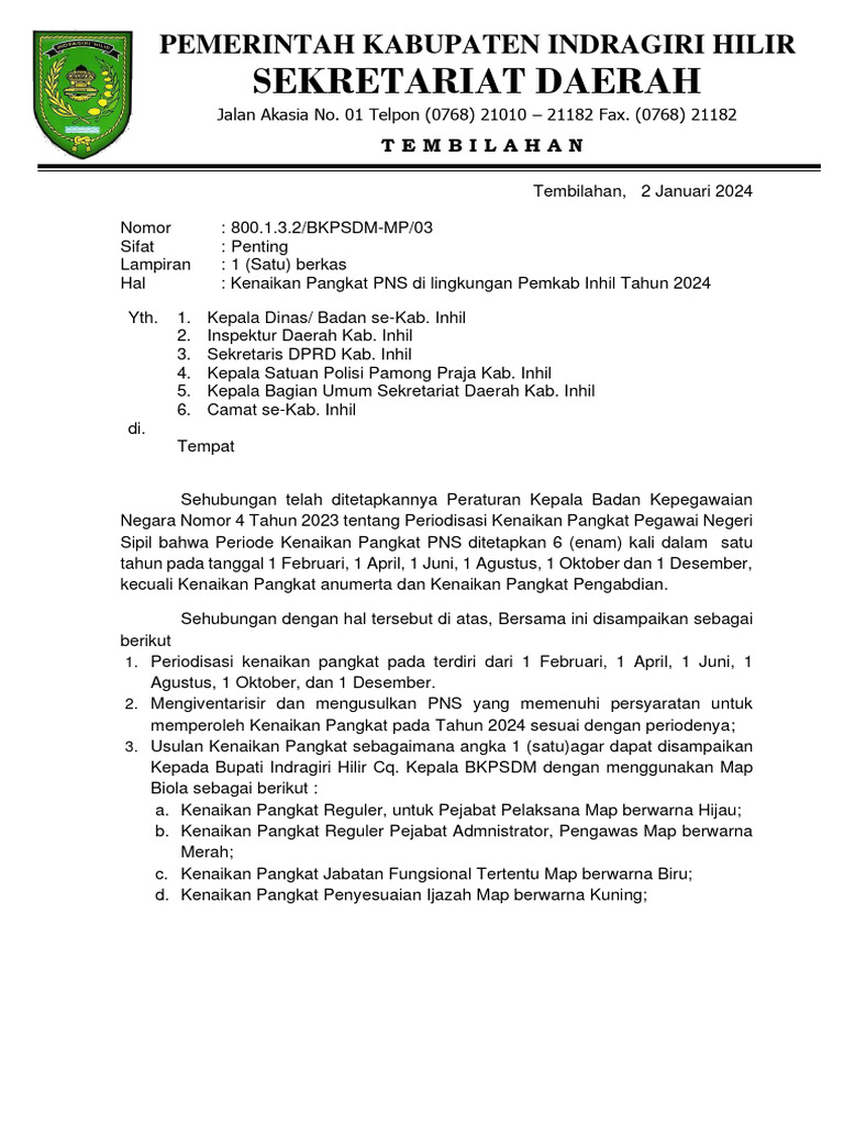 Surat Edaran Pangkat Kabupaten Indragiri Hilir | PDF
