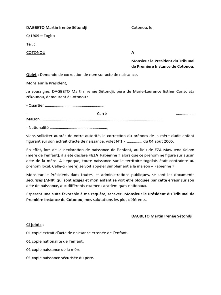 Demande de correction d'acte de naissance | PDF