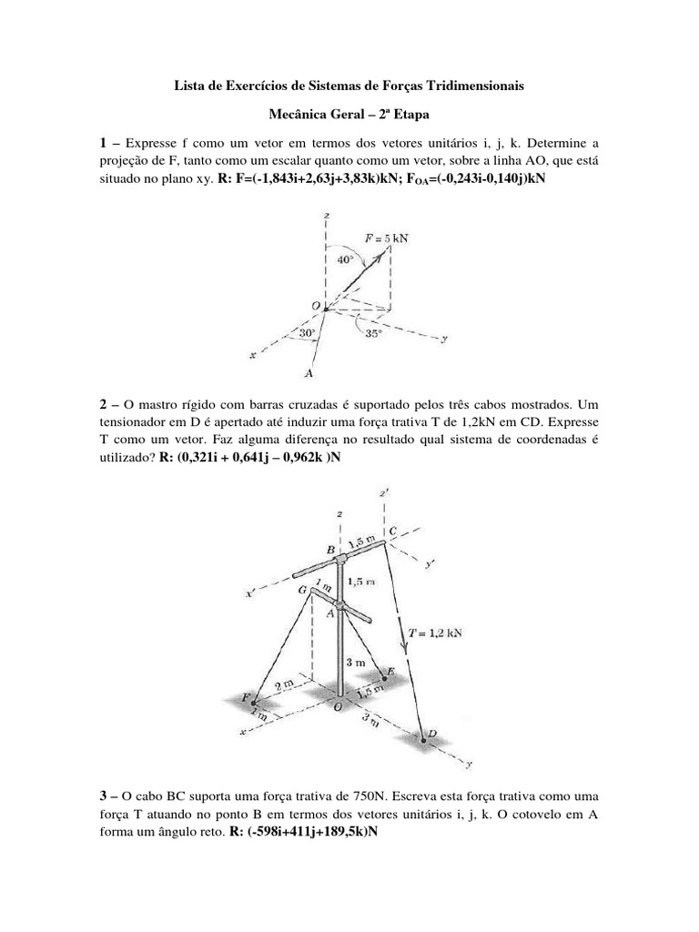 Exercícios de Forças em 3D | PDF | Torque | Engenharia Mecânica