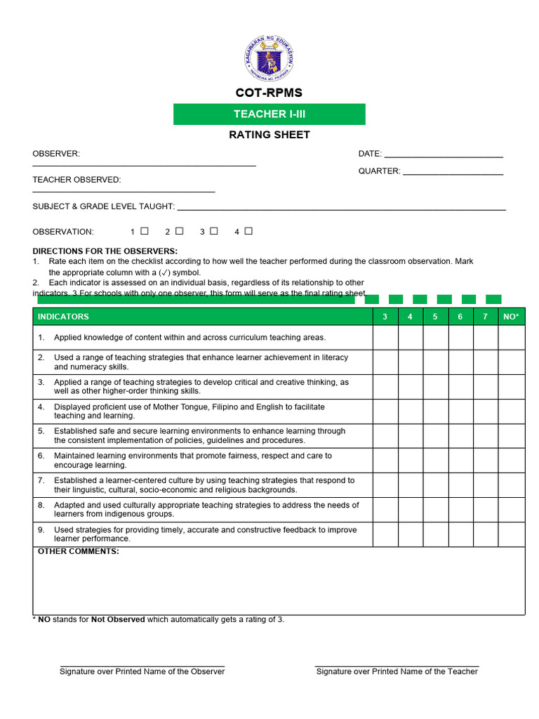 Appendix C 03 COT RPMS Rating Sheet For T I III For SY 2023 2024 | PDF ...