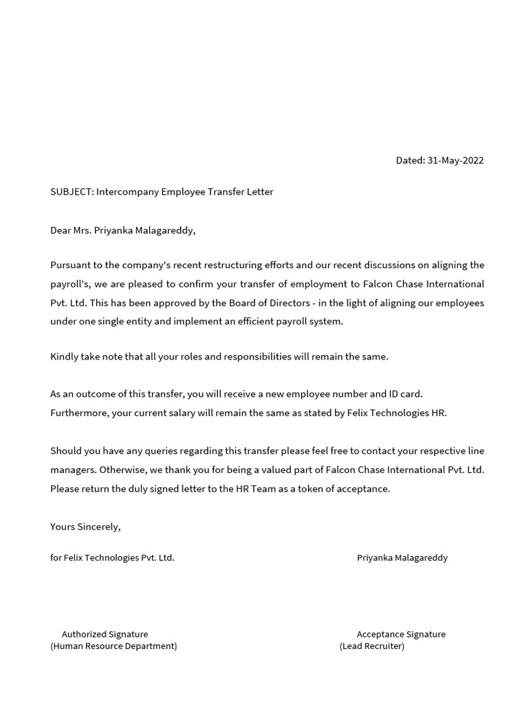 Intercompany Employee Transfer Notification | PDF | Finance & Money ...