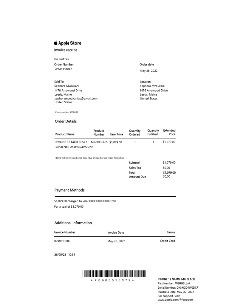 iPhone 12 Invoice Receipt Details | PDF