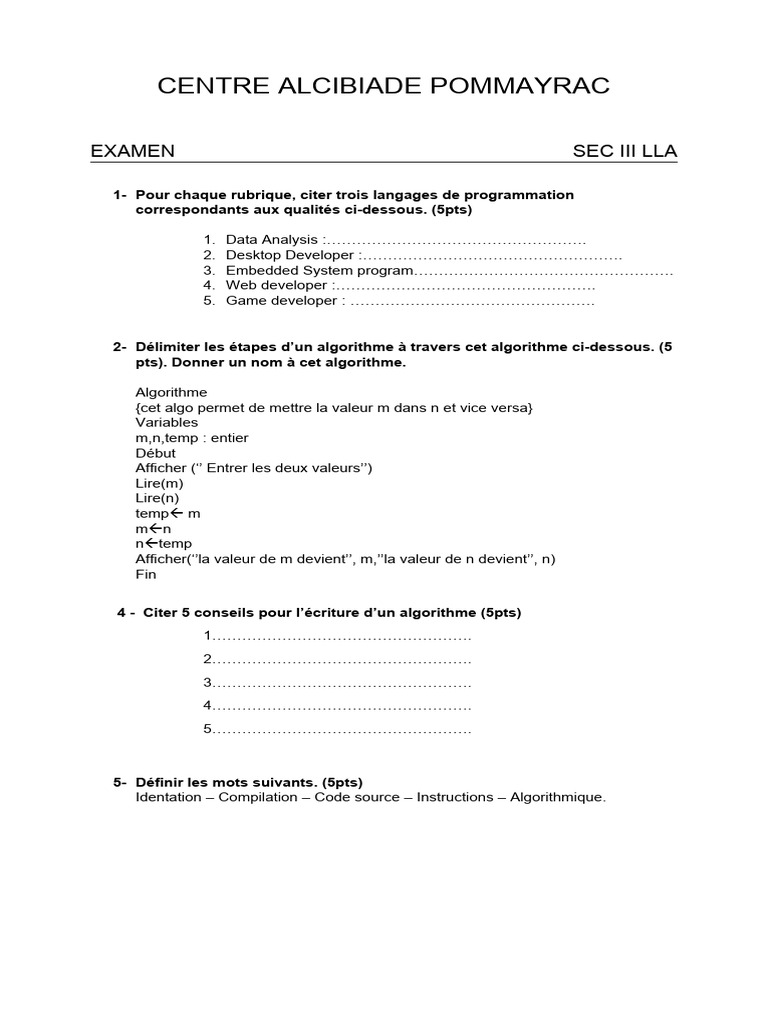 Examen de Programmation et Algorithmes | PDF